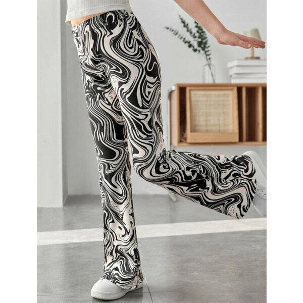 キッズ フレアパンツ マーブル柄 モノトーン 白黒 総柄 ウエストゴム パンツ ダンス 衣装 ヒップホップ コスチューム ジュニア 子供服 女の子 120 130 140 150