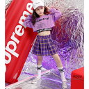 3点セット キッズ 上下セット セットアップ スカート チェック タンクトップ カットソー パープル ロゴ ストリート ダンス 衣装 ヒップホップ 女の子 ジュ...