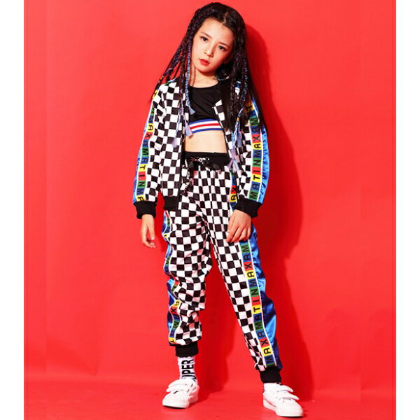キッズ 上下セット セットアップ 長袖 チェック柄 スパンコール刺繍 ハート ライン ストリート ダンス 衣装 ヒップホップ 男の子 女の子 ジュニア 男女兼用 子供服 120 130 140 150 160