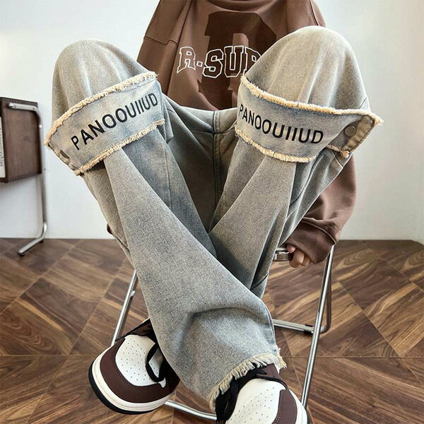 デニムパンツ ロゴ ストラップ付き カットオフ ハイウエスト ウエストゴム ワイドパンツ ダンス 衣装 ヒップホップ 韓国ファッション 大きいサイズ 個性的 服 デニム パンツ