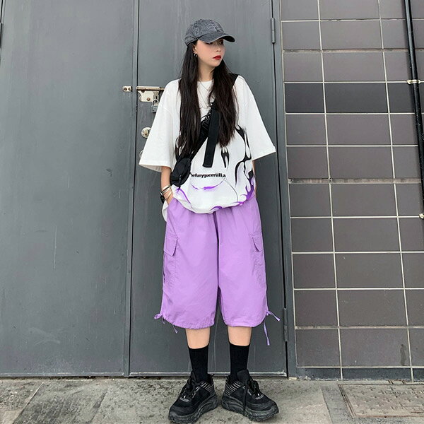 【送料無料】 ハーフパンツ ショート丈 カーゴパンツ ワイド ウエストゴム 黒 紫色 ダンス 衣装 ヒップホップ コスチューム 韓国ファッション 大きいサイズ 個性的 春 夏 秋 パンツ decorative-10011933 サスガヤSHOP旧ダンスDecorative サンプル画像3