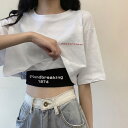 ★レビュー記載でインナーをプレゼント!★ Tシャツ ショート丈トップス 半袖T ワンポイント ロゴ プリント 白 ダンス 衣装 ヒップホップ ダンスウェア 韓国...