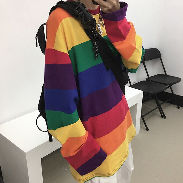 ロンT ボーダー柄 レインボーカラー オーバーサイズ ロンティー 長袖 Tシャツ ダンス 衣装 ヒップホップ コスチューム 韓国ファッション 大きいサイズ 個性的 春服 秋服 トップス decorative-10012260 サスガヤSHOP旧ダンスDecorative サンプル画像3