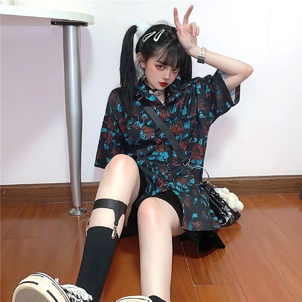 柄シャツ ダーク ローズ 薔薇 ビッグシルエット 半袖 シャツ ダンス 衣装 ヒップホップ コスチューム 韓国ファッション 大きいサイズ 個性的 服 decorative-10009389 サスガヤSHOP旧ダンスDecorative サンプル画像2