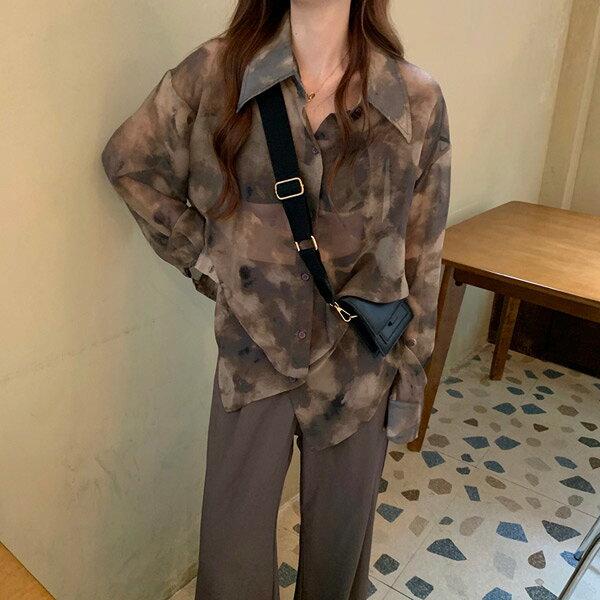 柄シャツ シアーシャツ ダークカラー グラデーション ブラウン ビッグシルエット 長袖 春服 夏服 秋服 シャツ ブラウス トップス ダンス 衣装 韓国ファッション 大きいサイズ 個性的 服 decorative-10011162 サスガヤSHOP旧ダンスDecorative サンプル画像3