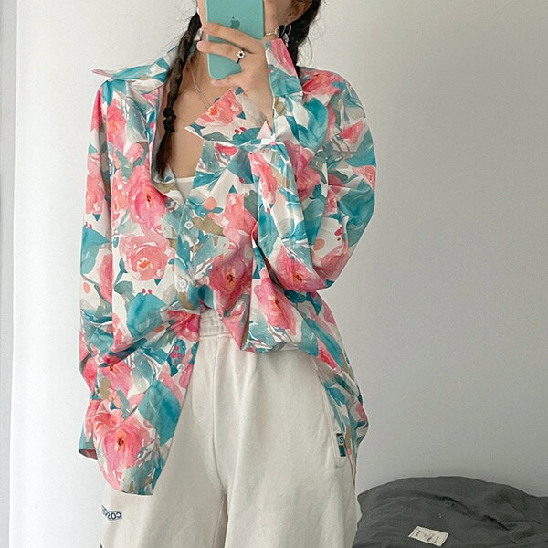 柄シャツ フラワー柄 ボタニカル柄 バラ柄 長袖 オーバーサイズ 春服 秋服 シャツ ブラウス ダンス 衣装 ヒップホップ コスチューム 韓国ファッション 大きいサイズ 個性的 服 decorative-10011185 サスガヤSHOP旧ダンスDecorative サンプル画像2