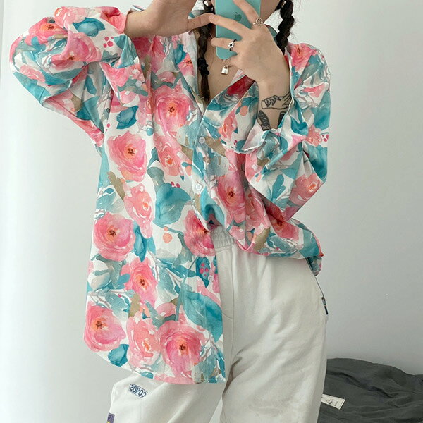 柄シャツ フラワー柄 ボタニカル柄 バラ柄 長袖 オーバーサイズ 春服 秋服 シャツ ブラウス ダンス 衣装 ヒップホップ コスチューム 韓国ファッション 大きいサイズ 個性的 服 decorative-10011185 サスガヤSHOP旧ダンスDecorative サンプル画像3