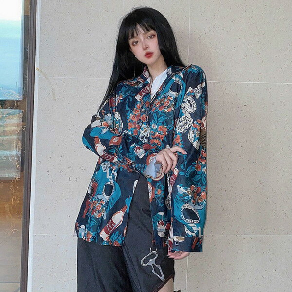 柄シャツ レトロ アート ブルー 長袖 花柄 ...の紹介画像2