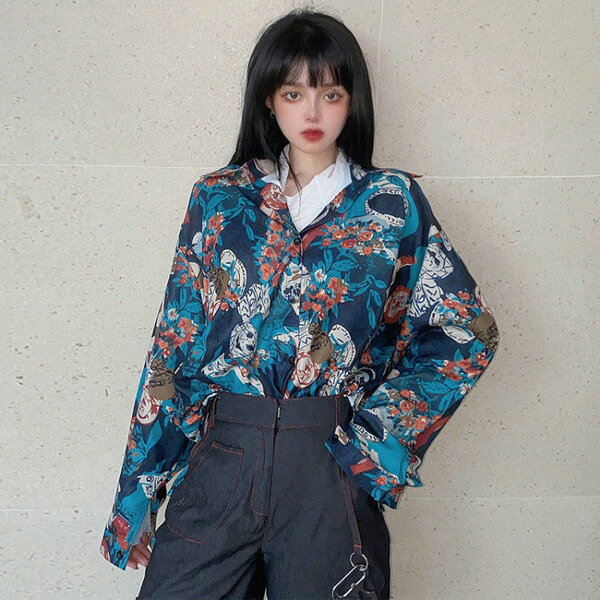 柄シャツ レトロ アート ブルー 長袖 花柄 ...の紹介画像3