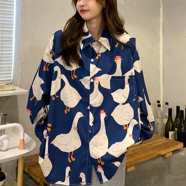 柄シャツ DUCKプリント 長袖 ビッグシルエット アヒル柄 春服 秋服 シャツ ダンス 衣装 ヒップホップ コスチューム 韓国ファッション 大きいサイズ 個性的 服 decorative-10011280 サスガヤSHOP旧ダンスDecorative サンプル画像2