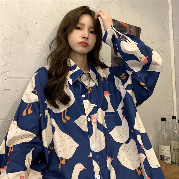 柄シャツ DUCKプリント 長袖 ビッグシルエット アヒル柄 春服 秋服 シャツ ダンス 衣装 ヒップホップ コスチューム 韓国ファッション 大きいサイズ 個性的 服 decorative-10011280 サスガヤSHOP旧ダンスDecorative サンプル画像3