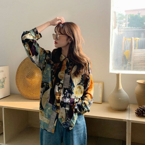 柄シャツ アート コラージュ風 月 花 レトロ オーバーサイズ 長袖 シャツ ダンス 衣装 ヒップホップ 韓国ファッション 大きいサイズ 個性的 春服 秋服 decorative-10011381 サスガヤSHOP旧ダンスDecorative サンプル画像2