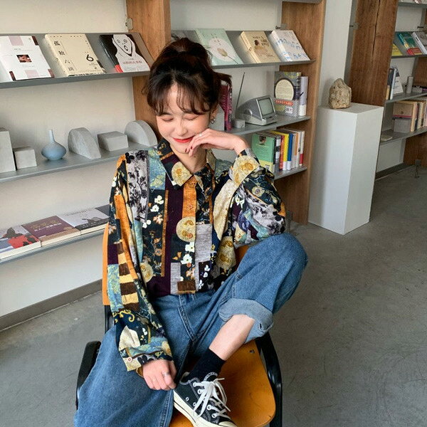 柄シャツ アート コラージュ風 月 花 レトロ オーバーサイズ 長袖 シャツ ダンス 衣装 ヒップホップ 韓国ファッション 大きいサイズ 個性的 春服 秋服 decorative-10011381 サスガヤSHOP旧ダンスDecorative サンプル画像3