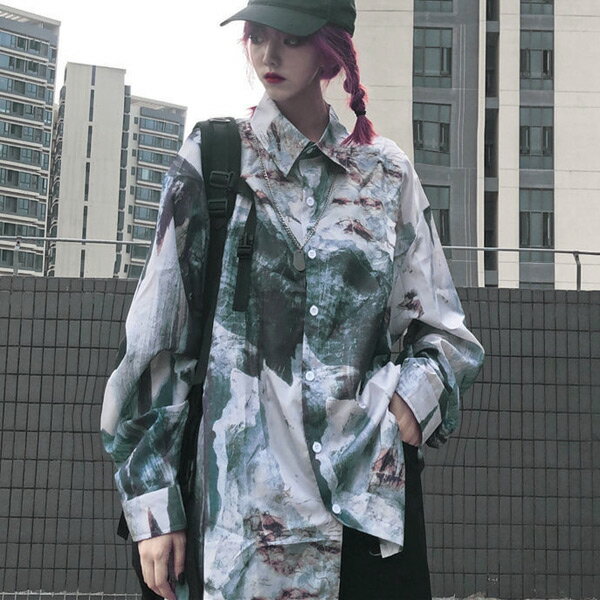 柄シャツ アート アースカラー 総柄 長袖 ビッグシルエット シャツ ダンス 衣装 ヒップホップ 韓国ファ..