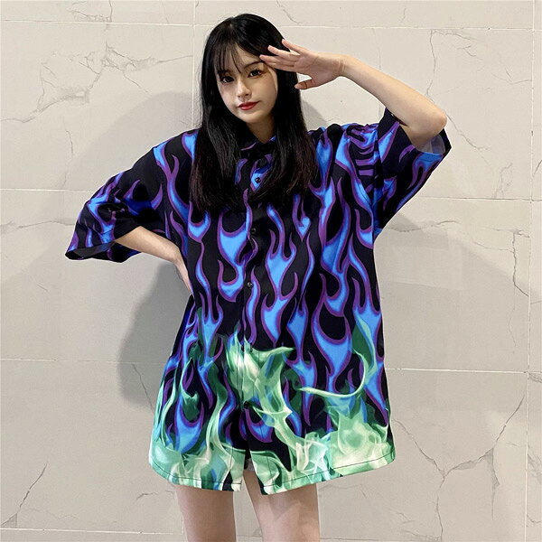 柄シャツ 炎柄 ファイヤー柄 ビッグシルエット 燃える 半袖 シャツ 黒 ダンス 衣装 ヒップホップ コスチューム 韓国ファッション 大きいサイズ 個性的 春服 夏服 秋服の商品画像 2