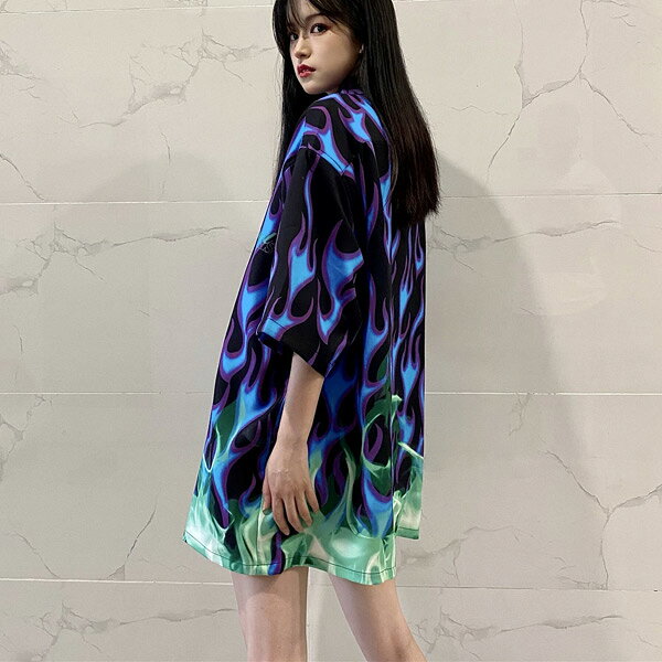 柄シャツ 炎柄 ファイヤー柄 ビッグシルエット 燃える 半袖 シャツ 黒 ダンス 衣装 ヒップホップ コスチューム 韓国ファッション 大きいサイズ 個性的 春服 夏服 秋服の商品画像 3