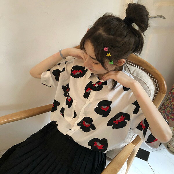 柄シャツ フラワー柄 北欧風 花柄 半袖 レトロ アート かわいい ビッグシルエット ダンス 衣装 韓国ファッション 大きいサイズ 個性的 夏 シャツ ブラウス decorative-10011968 サスガヤSHOP旧ダンスDecorative サンプル画像3