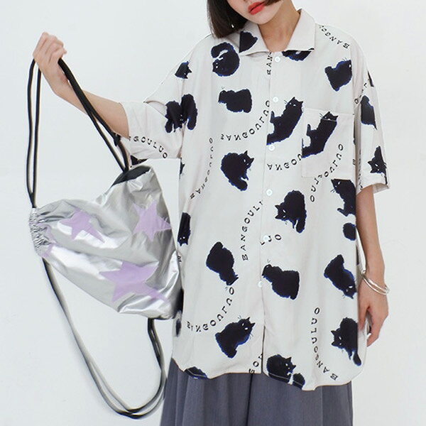 柄シャツ CAT柄 ビッグシルエット 半袖シャツ ネコ柄 猫柄 黒猫 総柄 ダンス 衣装 韓国ファッション 大きいサイズ 個性的 夏 シャツ トップス decorative-10011982 サスガヤSHOP旧ダンスDecorative サンプル画像2