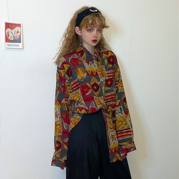 柄シャツ フラワー柄 タイルデザイン レトロ 花柄 絵画風 オーバーサイズ 長袖 シャツ ダンス 衣装 韓国ファッション 大きいサイズ 個性的 春服 秋服 ブラウス decorative-10011963 サスガヤSHOP旧ダンスDecorative サンプル画像2