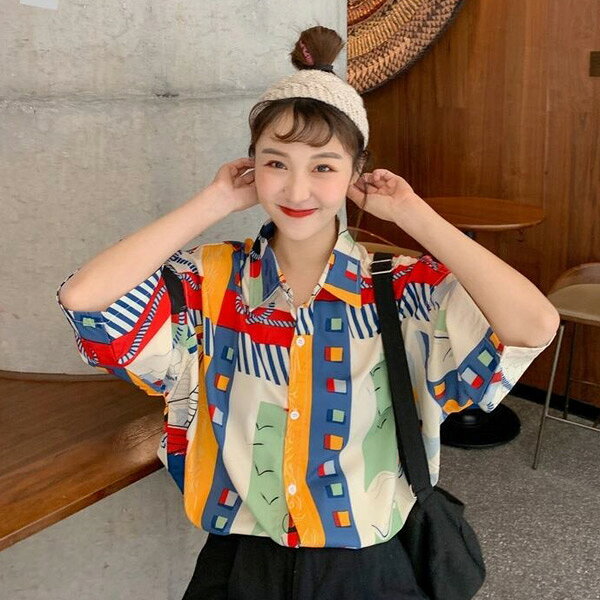 柄シャツ マリーンアート 半袖シャツ ビッグシルエット 港 船 海 幾何柄 カラフル ダンス 衣装 ヒップホップ 韓国ファッション 大きいサイズ 個性的 夏 シャツ decorative-10012051 サスガヤSHOP旧ダンスDecorative サンプル画像2