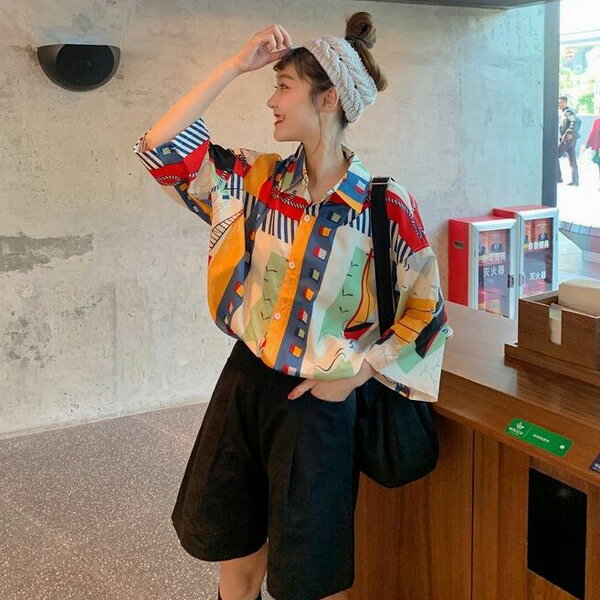 柄シャツ マリーンアート 半袖シャツ ビッグシルエット 港 船 海 幾何柄 カラフル ダンス 衣装 ヒップホップ 韓国ファッション 大きいサイズ 個性的 夏 シャツ decorative-10012051 サスガヤSHOP旧ダンスDecorative サンプル画像3