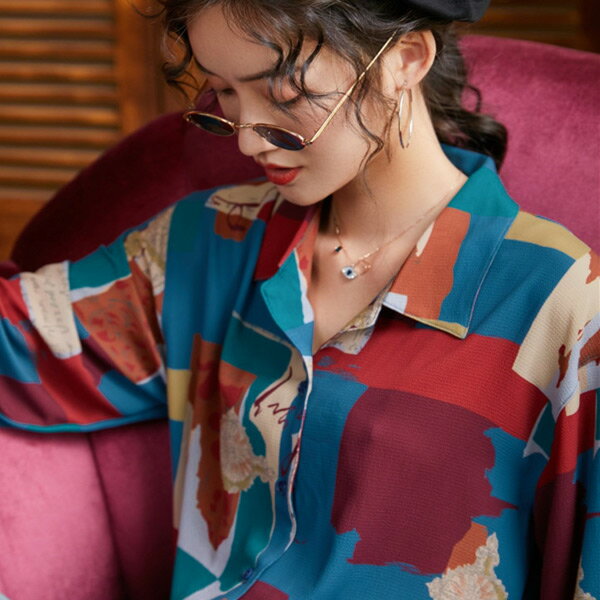 Rakuten - 柄シャツ オープンカラーシャツ コラージュ風 レトロ アート 長袖シャツ オーバーサイズ ダンス 衣装 コスチューム 韓国ファッション 大きいサイズ 個性的 シャツ トップス