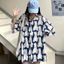 柄シャツ ウサギ柄 ラビット おすわり うさちゃん 動物 アニマル ビッグシルエット かわいい 半袖 シャツ ダンス 衣装 ヒップホップ コスチューム 韓国ファッション 大きいサイズ 個性的 服