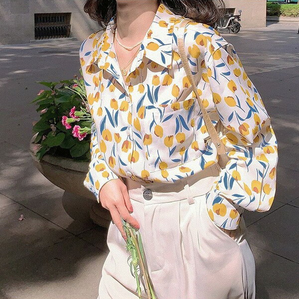 柄シャツ フラワー柄 小花柄 花柄 長袖シャツ オーバーサイズ レトロ イエロー ダンス 衣装 韓国ファッション 大きいサイズ 個性的 春服 秋服 シャツ ブラウス decorative-10012290 サスガヤSHOP旧ダンスDecorative サンプル画像2