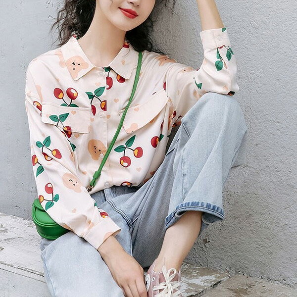 柄シャツ くま柄 チェリー柄 長袖 シャツ かわいい キッズ風 サクランボ柄 ピンク ダンス 衣装 コスチューム 韓国ファッション 大きいサイズ 個性的 春服 トップス decorative-10012320 サスガヤSHOP旧ダンスDecorative サンプル画像2