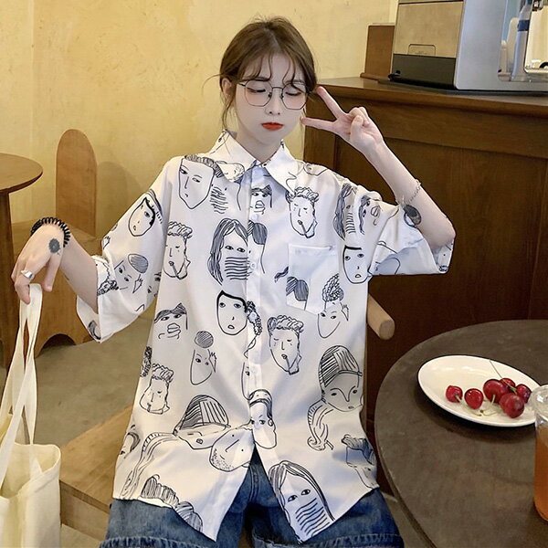 柄シャツ フェイス 顔 らくがき コミック ファニー 白黒 モノクロ モノトーン ブラック ホワイト 半袖 ..