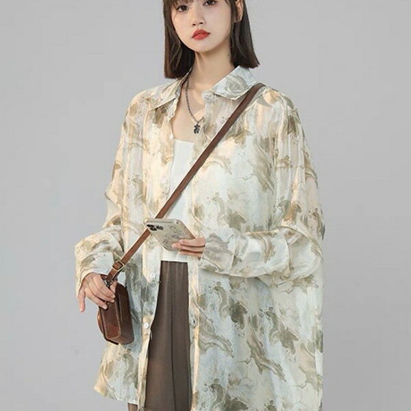 柄シャツ マーブル マーブル柄 大理石 大理石柄 ストーン ストーン柄 シアーシャツ シースルー ペールカラー グレー グリーン カーキ 長袖 長袖シャツ 衣装 韓国 大きいサイズ 個性的 秋服 冬服