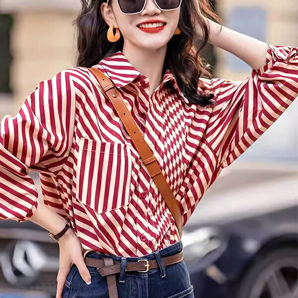 Rakuten - 柄シャツ ストライプ 変形 バイアス アシメ アシンメトリー ピンタック 斜めストライプ ピンク 長袖 長袖シャツ オーバーサイズ 衣装 韓国 大きいサイズ 個性的 秋服 冬服