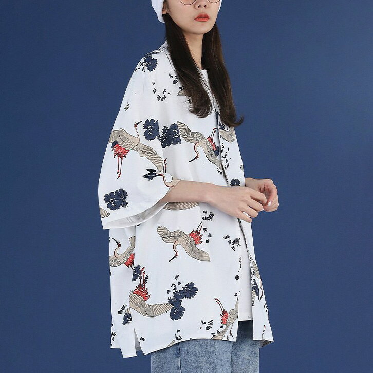 柄シャツ ツル 鶴柄 鳥 花柄 花 和柄 和風 着物風 アロハ アロハシャツ オープンカラー サテン ビッグシルエット半袖 半袖シャツ オーバーサイズ 衣装 韓国 大きいサイズ 個性的 春服 夏服 decorative-10012598 サスガヤSHOP旧ダンスDecorative サンプル画像2