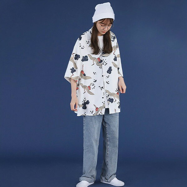 柄シャツ ツル 鶴柄 鳥 花柄 花 和柄 和風 着物風 アロハ アロハシャツ オープンカラー サテン ビッグシルエット半袖 半袖シャツ オーバーサイズ 衣装 韓国 大きいサイズ 個性的 春服 夏服 decorative-10012598 サスガヤSHOP旧ダンスDecorative サンプル画像3