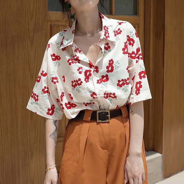 Rakuten - 柄シャツ 花柄 花 赤 レッド フラワー フローラル ボタニカル 北欧 ポップ かわいい 白 ホワイト半袖 半袖シャツ オーバーサイズ 衣装 韓国 大きいサイズ 個性的 春服 夏服