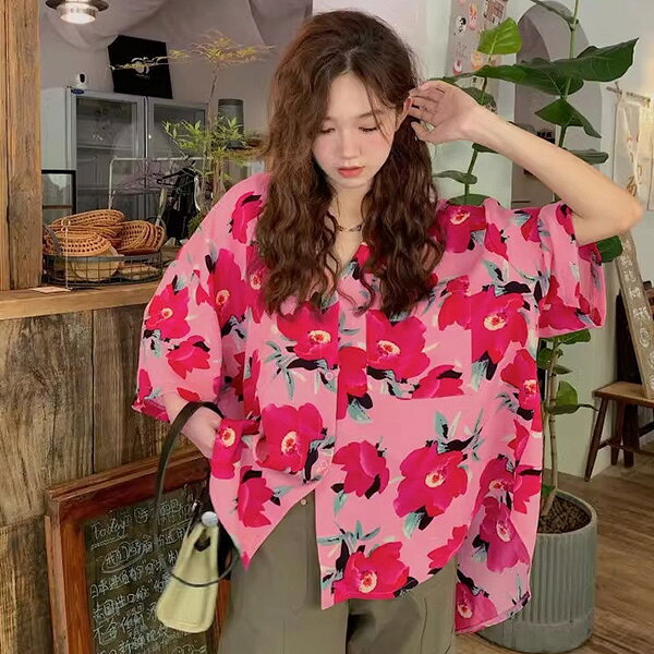 樂天商城 - 柄シャツ 花柄 ピンク 花 フラワー ボタニカル ビッグフラワー 半袖 半袖シャツ オーバーサイズ 衣装 韓国 大きいサイズ 個性的 春服 夏服