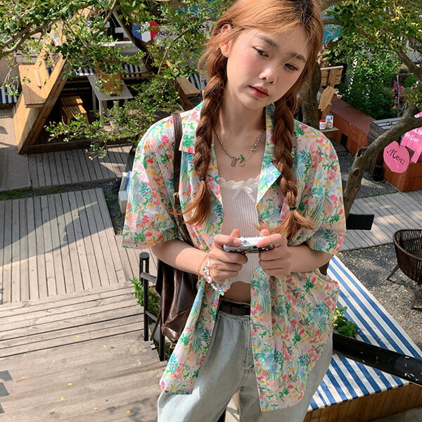 Rakuten - 柄シャツ 花柄 小花柄 花 フラワー ボタニカル オープンカラー マルチカラー グリーン ピンク イエロー ナチュラル 半袖 半袖シャツ オーバーサイズ 衣装 韓国 大きいサイズ 個性的 春服 夏服