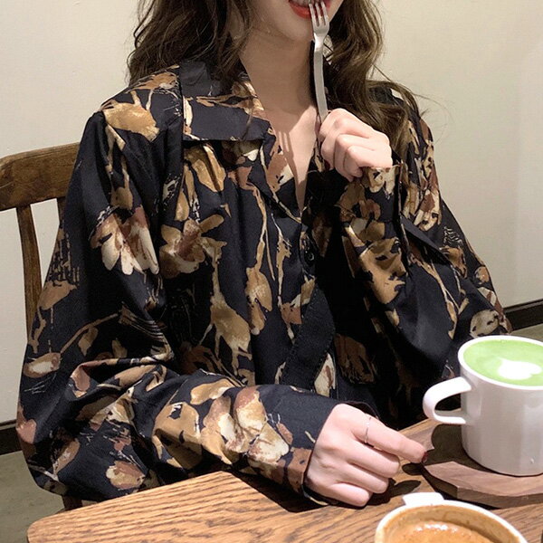 Rakuten - 柄シャツ 花柄 花 フラワー 落ち葉 紅葉 ブラック 黒 ブラウン 茶色 初秋 秋 ジャケット風 オープンカラー 長袖 長袖シャツ オーバーサイズ 衣装 韓国 大きいサイズ 個性的 秋服 冬服