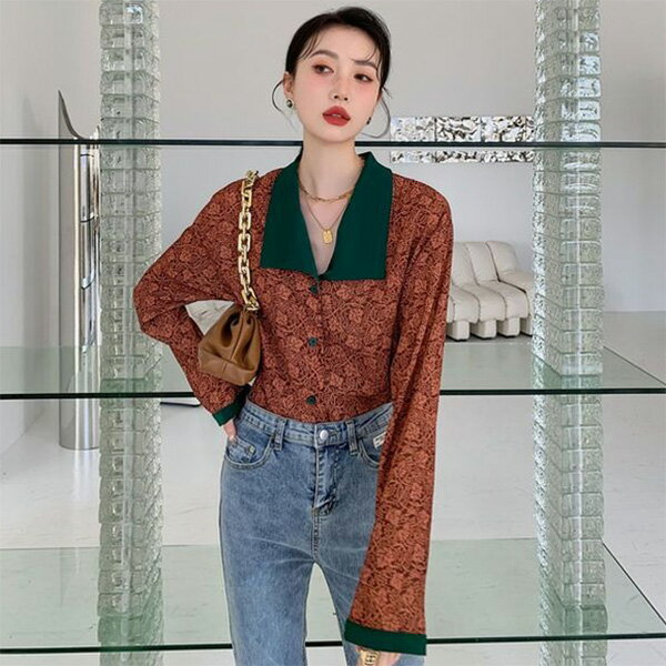 Rakuten - 柄シャツ バイカラー スクエア襟 配色 植物柄 ボタニカル柄 クラシカル 古着風 ヴィンテージ レッド 赤 緑 グリーン 長袖 長袖シャツ オーバーサイズ 衣装 韓国 大きいサイズ 個性的 春服 秋服 冬服