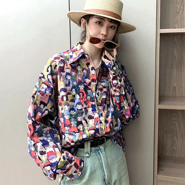 Rakuten - 柄シャツ 総柄シャツ フェイス柄 顔柄 カラフル マルチカラー イラスト柄 絵本柄 グレー オレンジ 長袖 長袖シャツ オーバーサイズ 衣装 韓国 大きいサイズ 個性的 春服 夏服 秋服 冬服