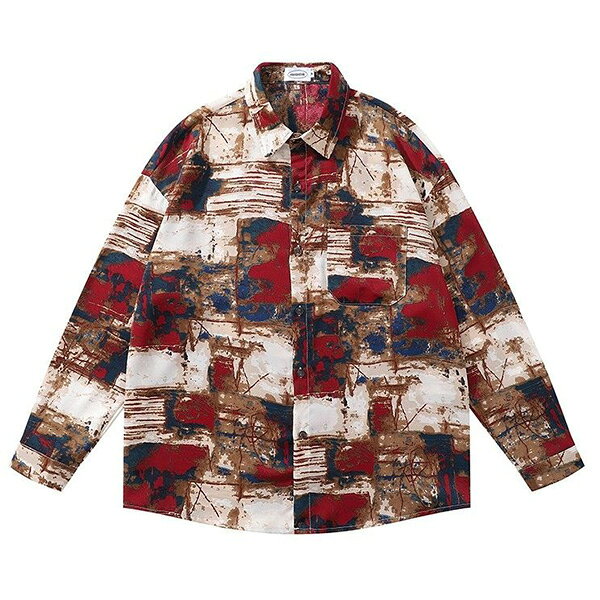 柄シャツ 抽象柄 アート柄 パッチワーク風 ぼかし柄 レッド ワインレッド 長袖 長袖シャツ オーバーサイズ 衣装 韓国 大きいサイズ 個性的 春服 夏服 秋服 冬服 decorative-10012759 サスガヤSHOP旧ダンスDecorative サンプル画像2