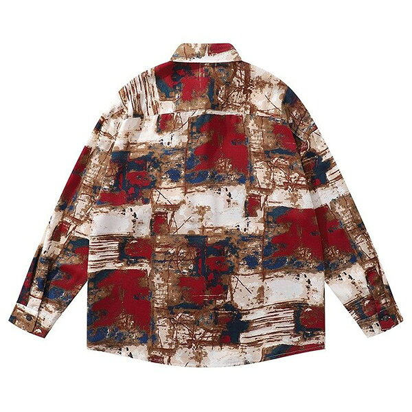 柄シャツ 抽象柄 アート柄 パッチワーク風 ぼかし柄 レッド ワインレッド 長袖 長袖シャツ オーバーサイズ 衣装 韓国 大きいサイズ 個性的 春服 夏服 秋服 冬服 decorative-10012759 サスガヤSHOP旧ダンスDecorative サンプル画像3