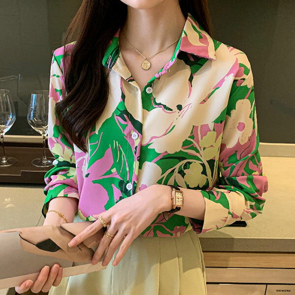 Rakuten - 柄シャツ 花柄シャツ 花柄 フラワー柄 草花柄 植物柄 派手カラー ピンク グリーン 大花柄 長袖 長袖シャツ オーバーサイズ 衣装 韓国 大きいサイズ 個性的 春服 夏服 秋服 冬服
