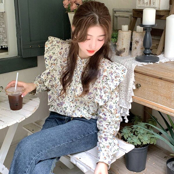 柄シャツ 小花柄 花柄 フラワー 花 マルチカラー ナチュラル かわいい フリル　パフスリーブ 長袖 長袖シャツ オーバーサイズ 衣装 韓国 大きいサイズ 個性的 春服 夏服 秋服 冬服 decorative-10012784 サスガヤSHOP旧ダンスDecorative パッケージ画像
