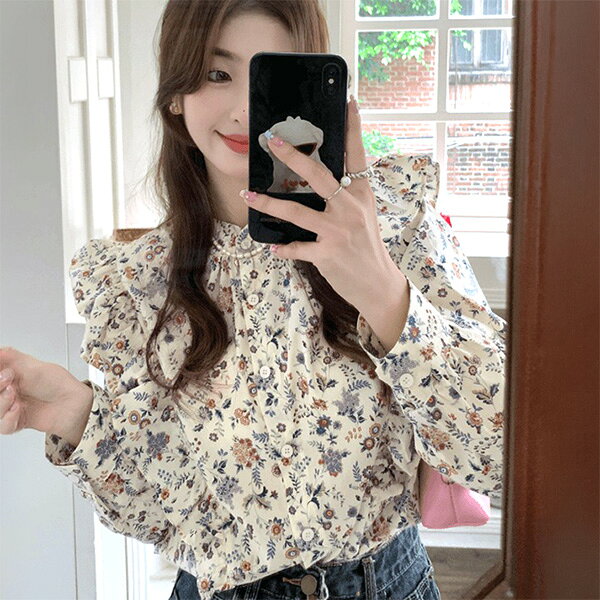 柄シャツ 小花柄 花柄 フラワー 花 マルチカラー ナチュラル かわいい フリル　パフスリーブ 長袖 長袖シャツ オーバーサイズ 衣装 韓国 大きいサイズ 個性的 春服 夏服 秋服 冬服 decorative-10012784 サスガヤSHOP旧ダンスDecorative サンプル画像2