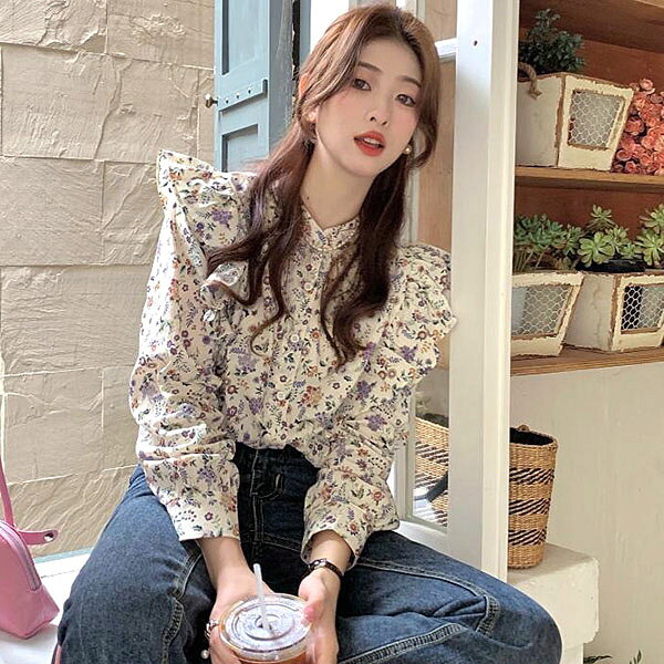 柄シャツ 小花柄 花柄 フラワー 花 マルチカラー ナチュラル かわいい フリル　パフスリーブ 長袖 長袖シャツ オーバーサイズ 衣装 韓国 大きいサイズ 個性的 春服 夏服 秋服 冬服 decorative-10012784 サスガヤSHOP旧ダンスDecorative サンプル画像3