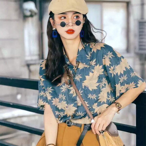 Rakuten - 柄シャツ メープル柄 楓柄 ボタニカル柄 リーフ柄 ブルー 青 古着風 リネン風 半袖 半袖シャツ オーバーサイズ 衣装 大きいサイズ 個性的 春服 夏服