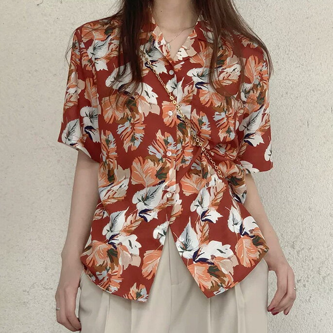 Rakuten - 柄シャツ ボタニカル柄 花柄 フラワー柄 テラコッタ オレンジ 開襟シャツ オープンカラー 半袖 半袖シャツ アロハシャツ オーバーサイズ 衣装 大きいサイズ 個性的 春服 夏服