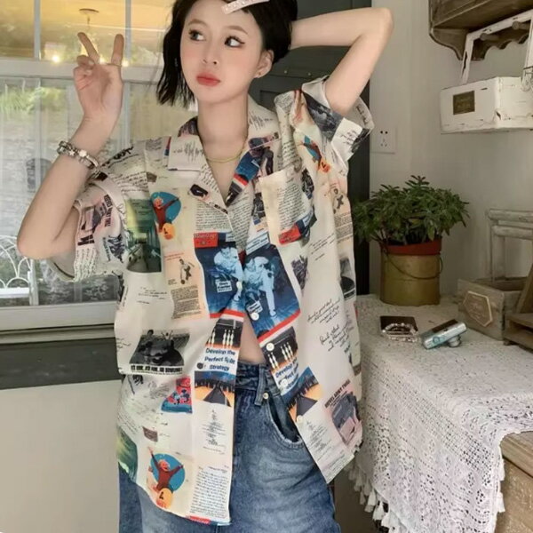柄シャツ 新聞柄 ニュースペーパー柄 フォトプリント ボーリング柄 アメリカンレトロ 半袖 半袖シャツ オーバーサイズ 衣装 韓国風 大きいサイズ 個性的 春服 夏服 decorative-10012815 サスガヤSHOP旧ダンスDecorative パッケージ画像
