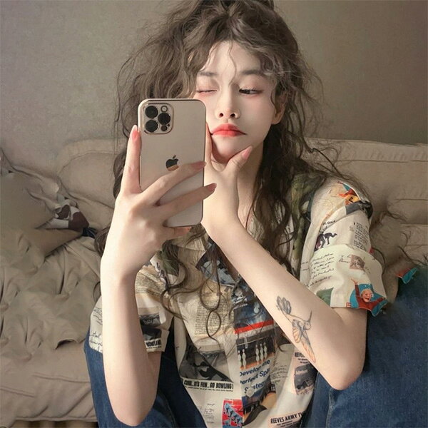 柄シャツ 新聞柄 ニュースペーパー柄 フォトプリント ボーリング柄 アメリカンレトロ 半袖 半袖シャツ オーバーサイズ 衣装 韓国風 大きいサイズ 個性的 春服 夏服 decorative-10012815 サスガヤSHOP旧ダンスDecorative サンプル画像3